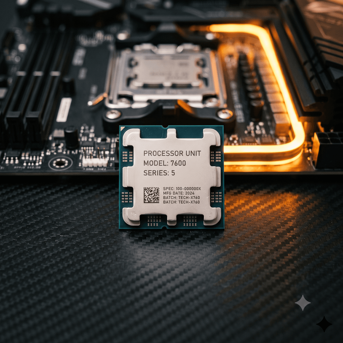 Used AMD Ryzen 5 7600 CPU on a carbon fiber surface with motherboard background