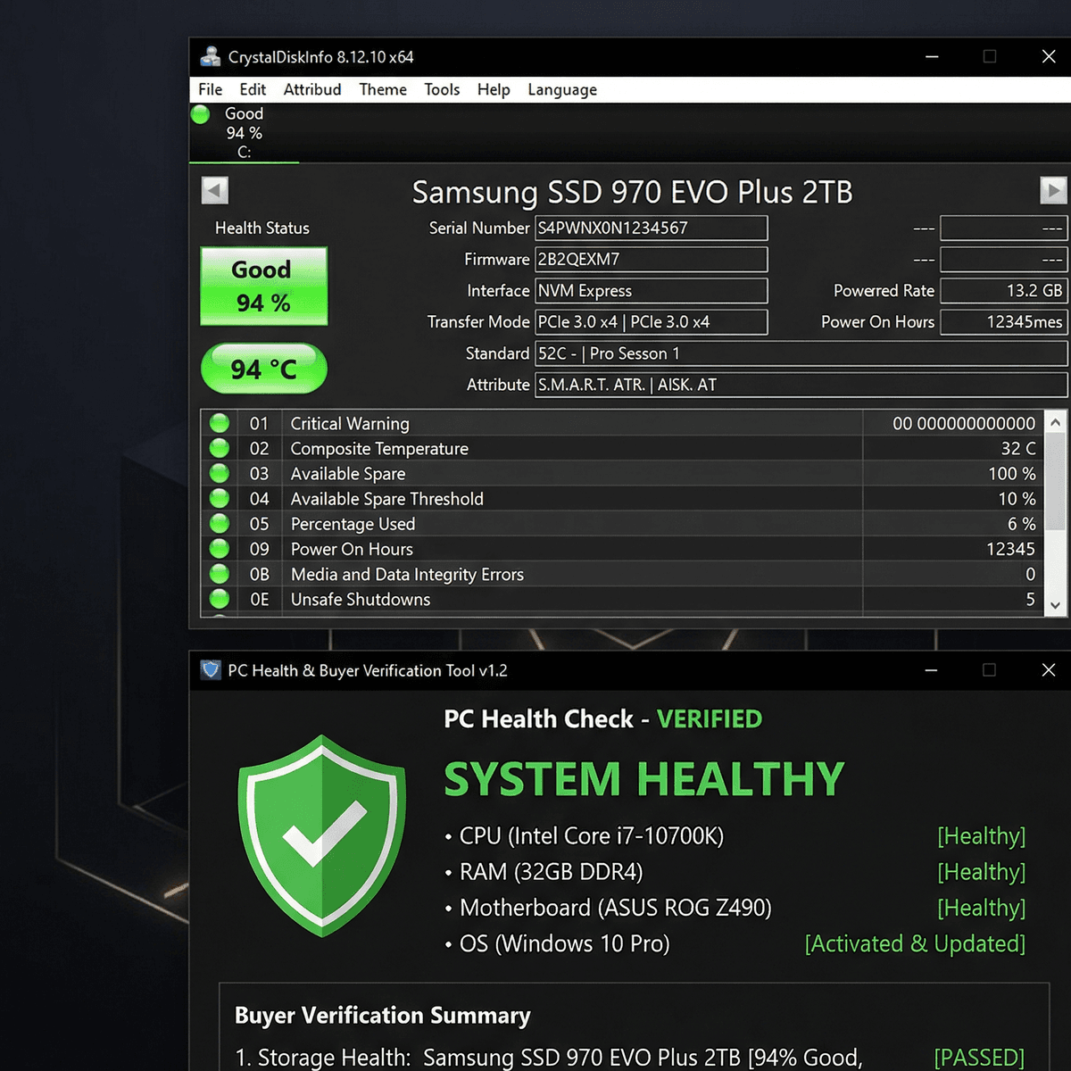 CrystalDiskInfo showing a Samsung 970 EVO Plus at 94% health with a green Good status