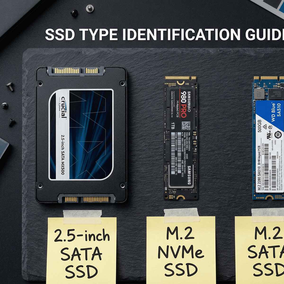Side-by-side comparison of 2.5-inch SATA SSD, M.2 NVMe, and M.2 SATA drives with sticky-note labels