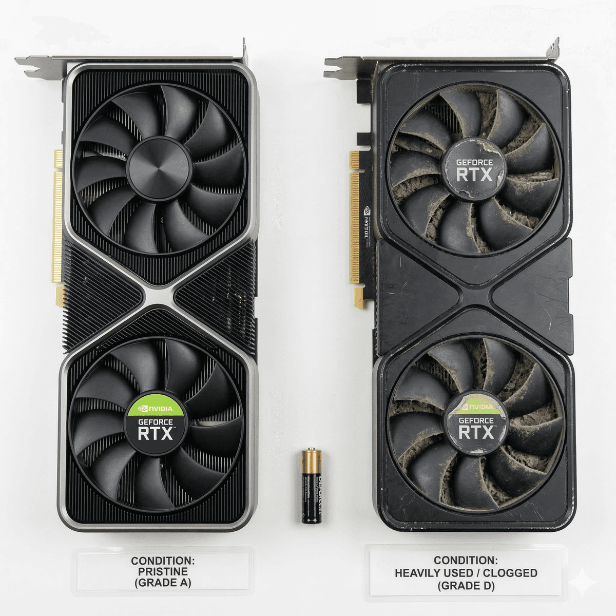 Side-by-side comparison of a GPU in excellent condition with original box versus a bare card with visible dust