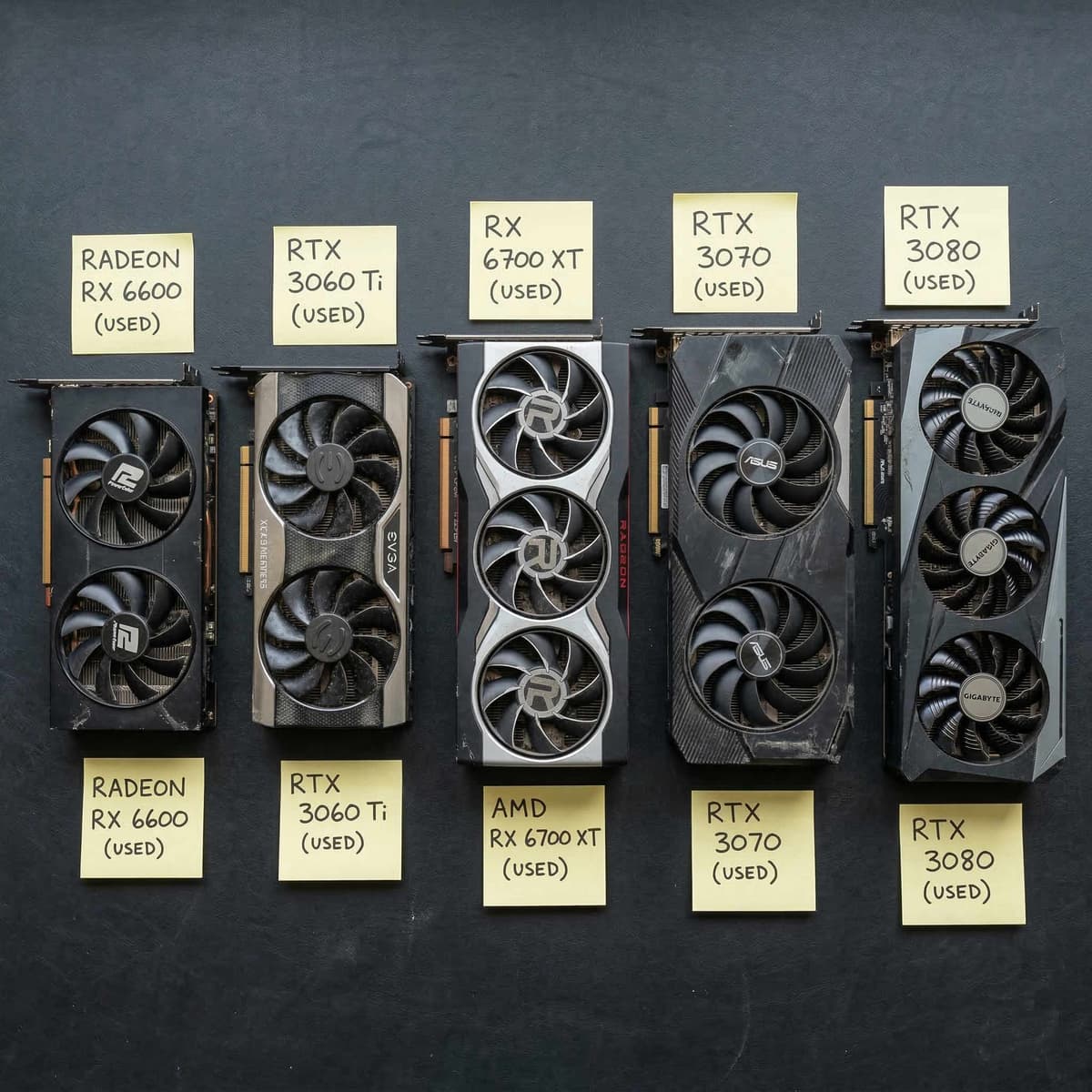 A selection of used NVIDIA and AMD graphics cards laid out on a dark surface, price tags visible