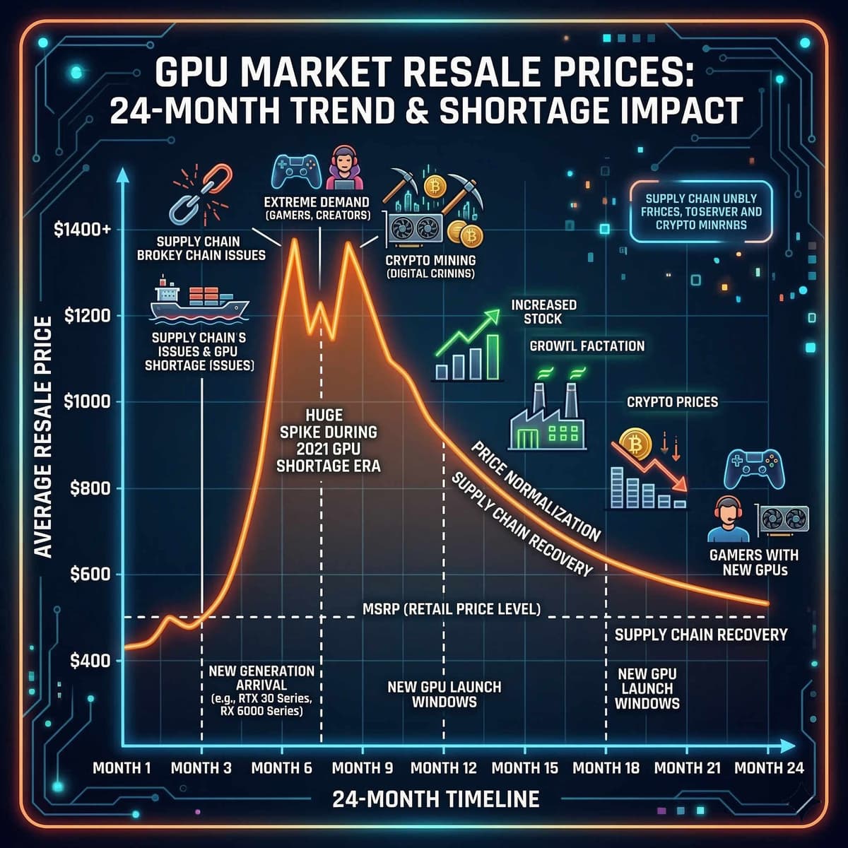 Graph showing used GPU price trends across 2025-2026 with seasonal peaks highlighted in orange