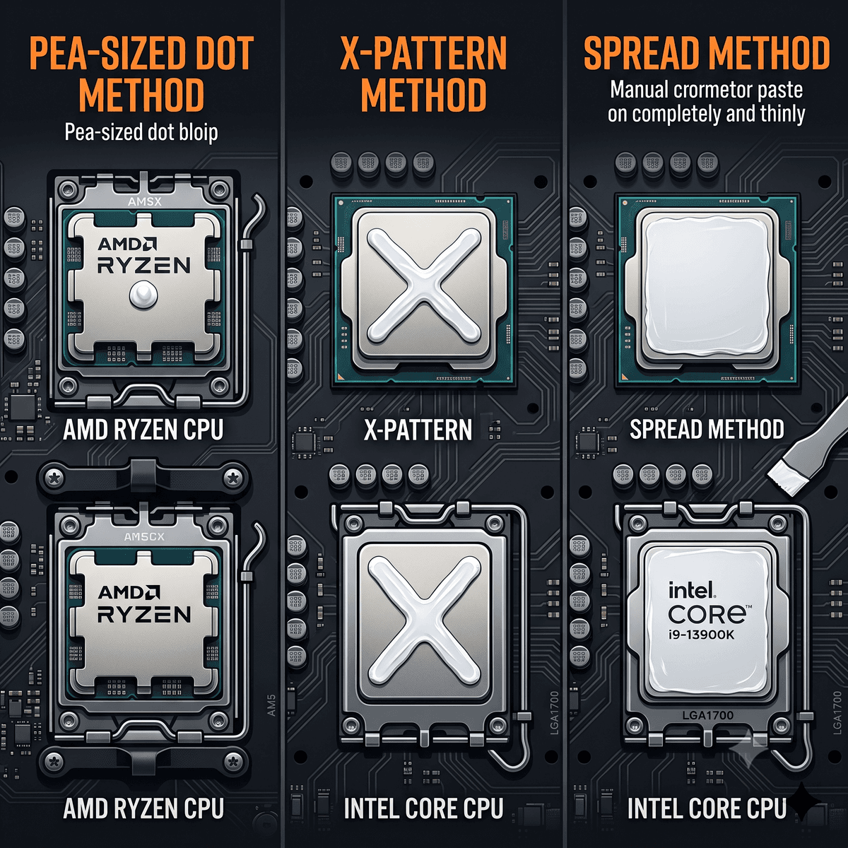 Diagram of thermal paste patterns on AMD and Intel processors