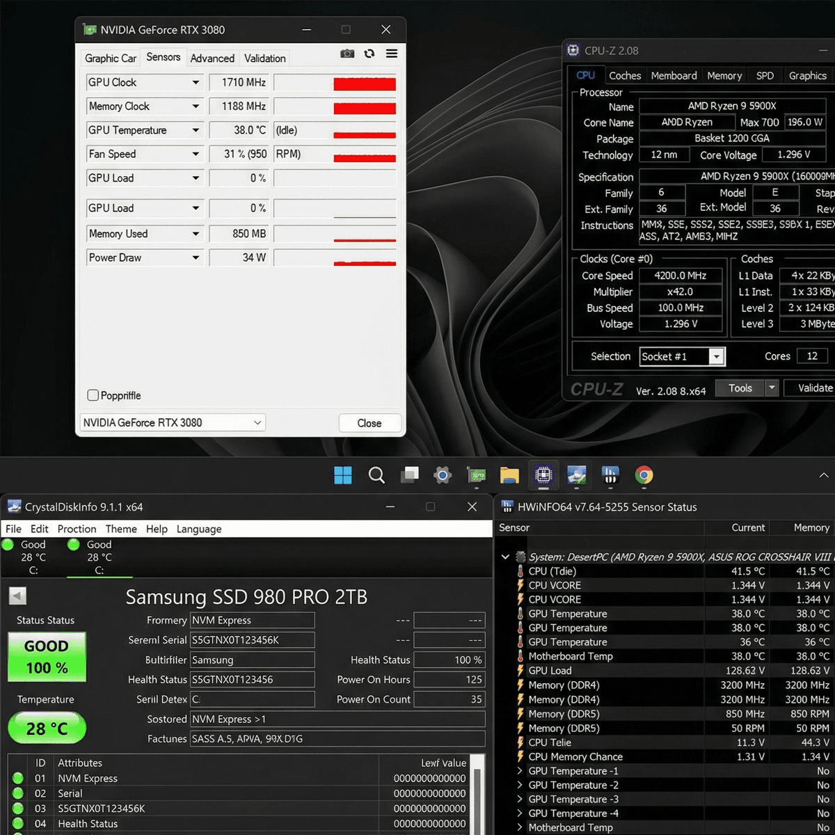 Diagnostic toolkit: GPU-Z, CPU-Z, CrystalDiskInfo and HWiNFO64 open on a monitor
