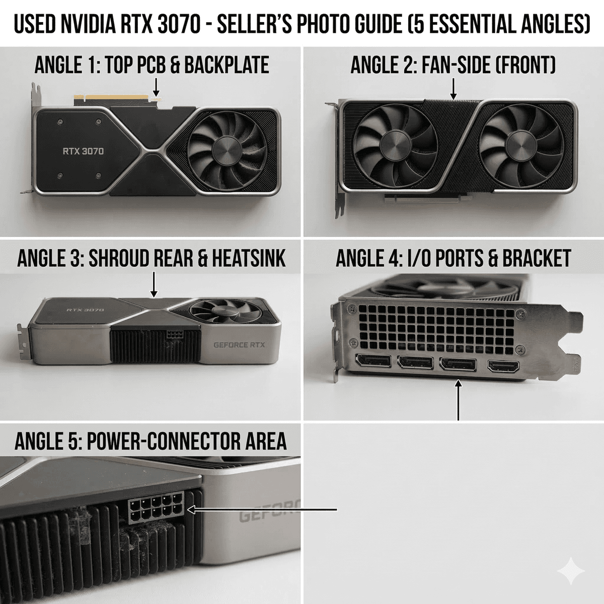 Five essential GPU listing photos: front, back, PCIe connector, display outputs, and cosmetic details