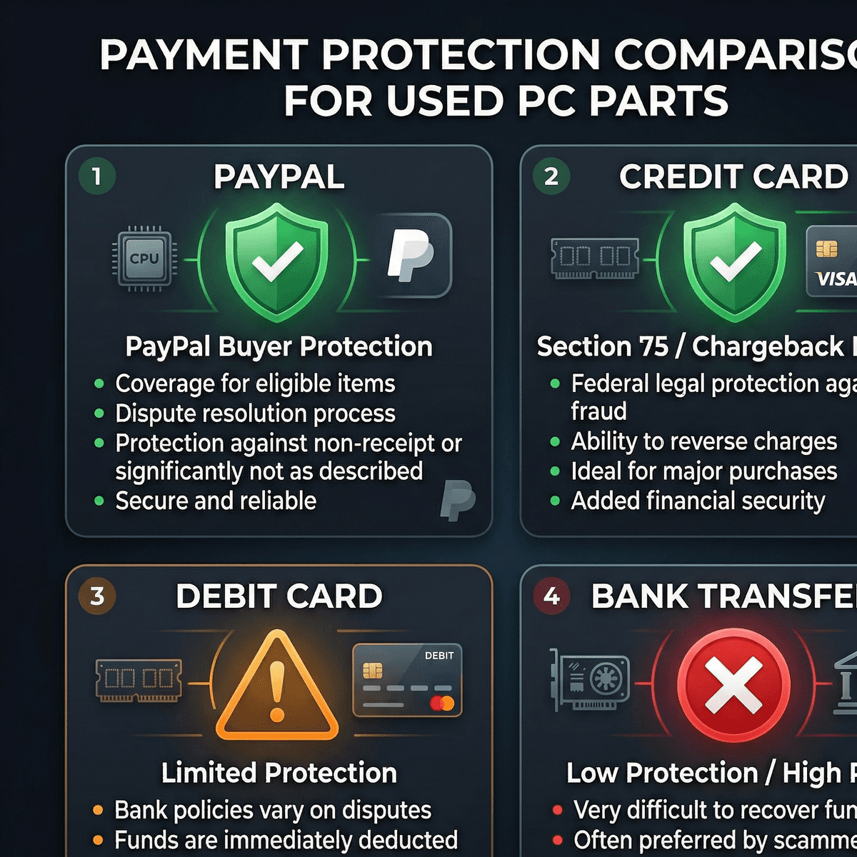 Payment method protection comparison: PayPal, credit card, debit card, and bank transfer