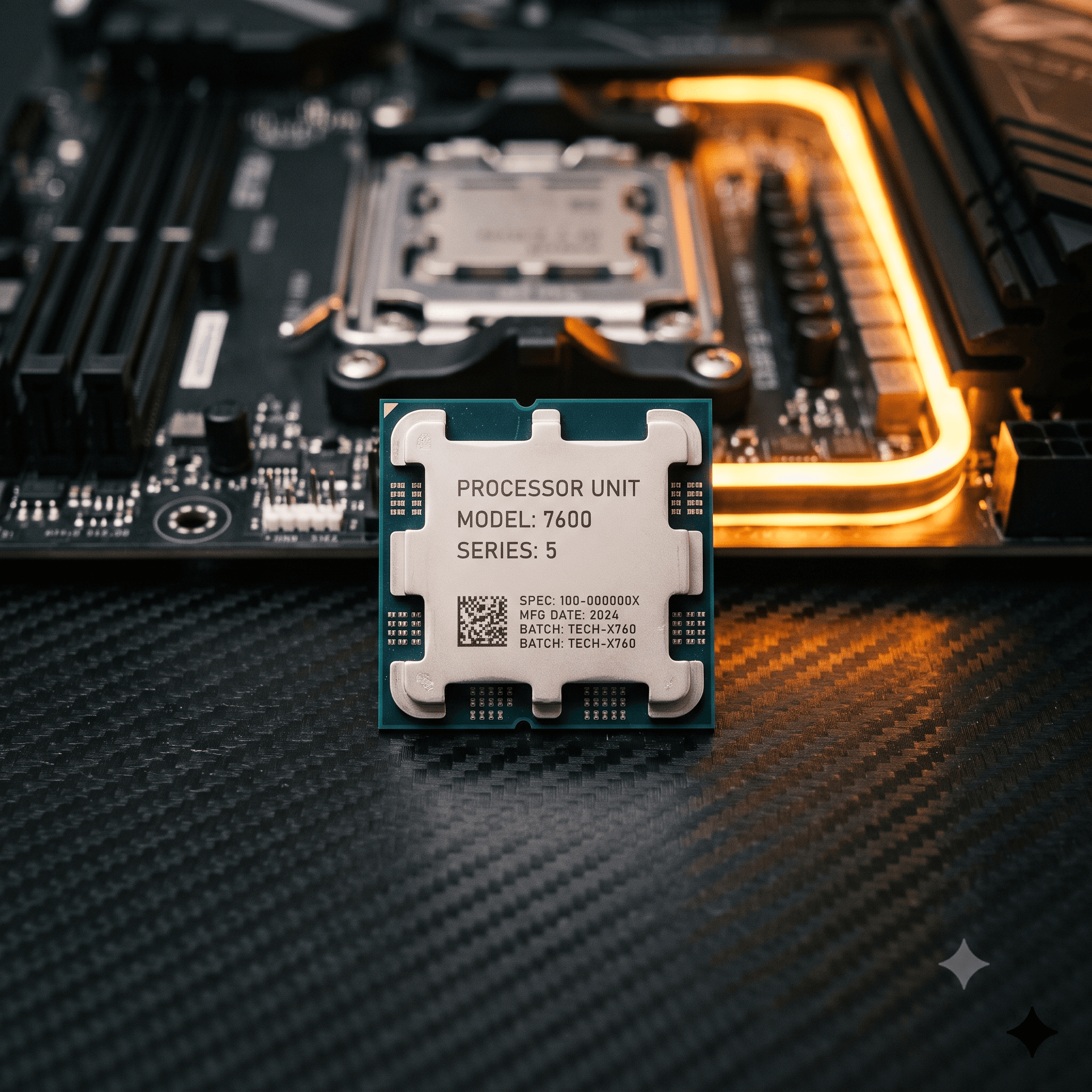 Used AMD Ryzen 5 7600 CPU on a carbon fiber surface with motherboard background