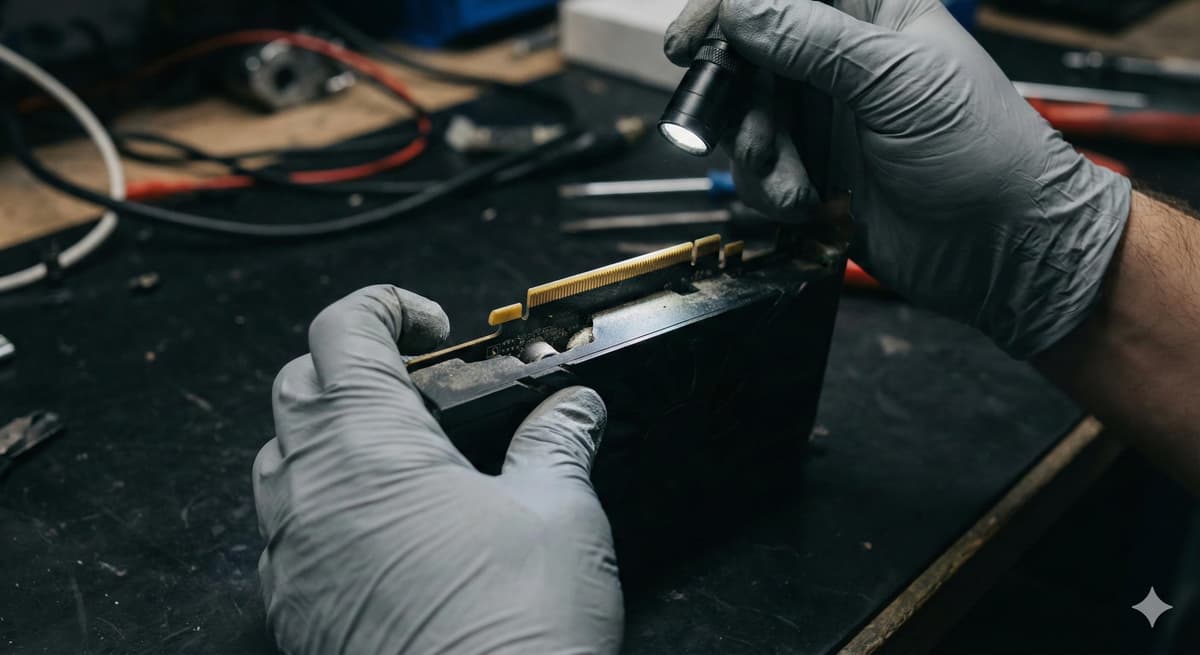 Close-up inspection of a used GPU showing connector and heatsink condition