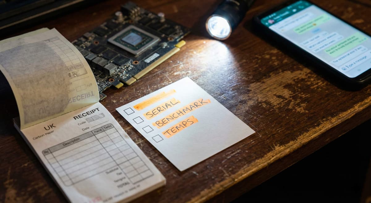 Receipt book and checklist beside a used GPU for evidence and verification