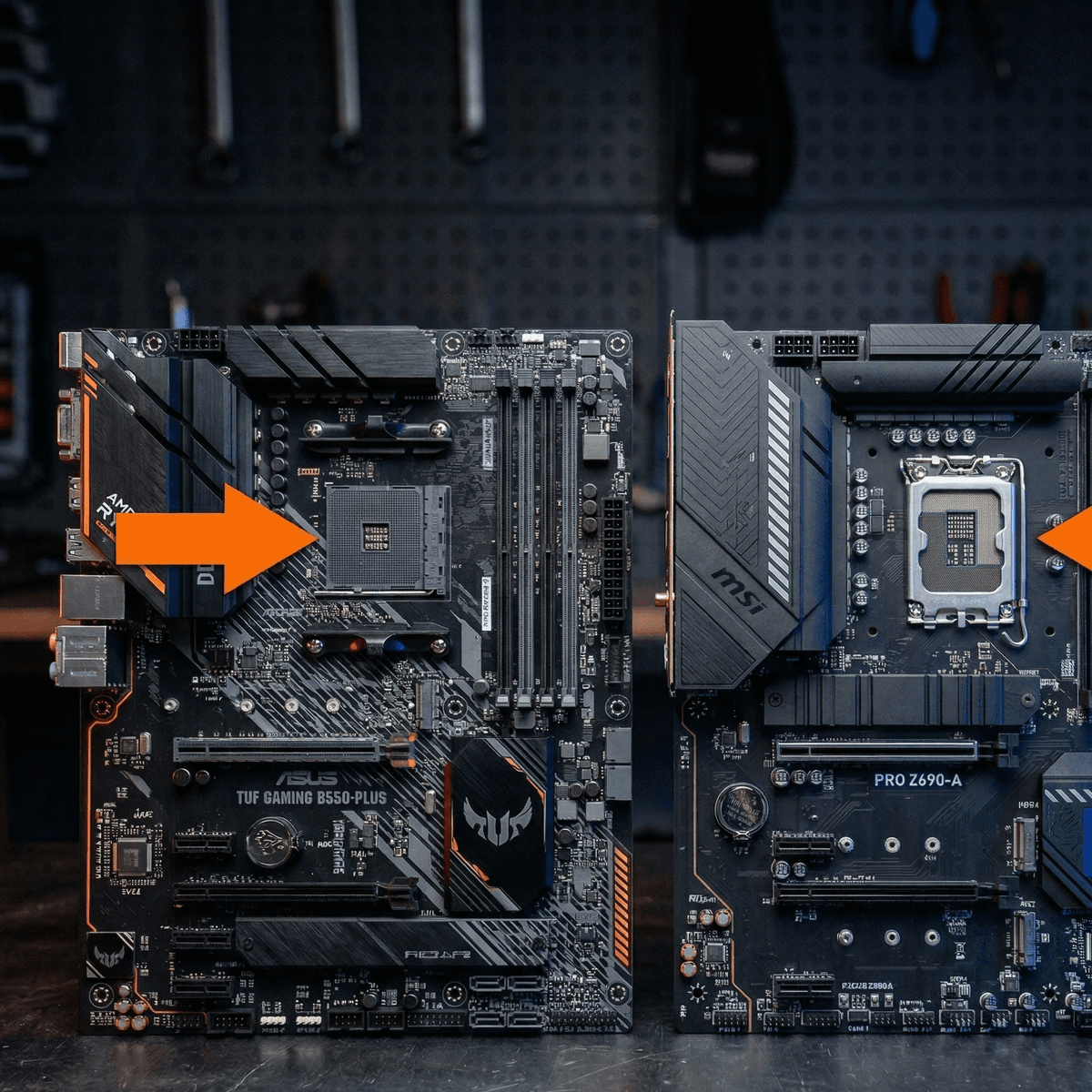 AM4 and LGA1700 motherboard sockets side by side with orange accent arrows pointing to each socket area