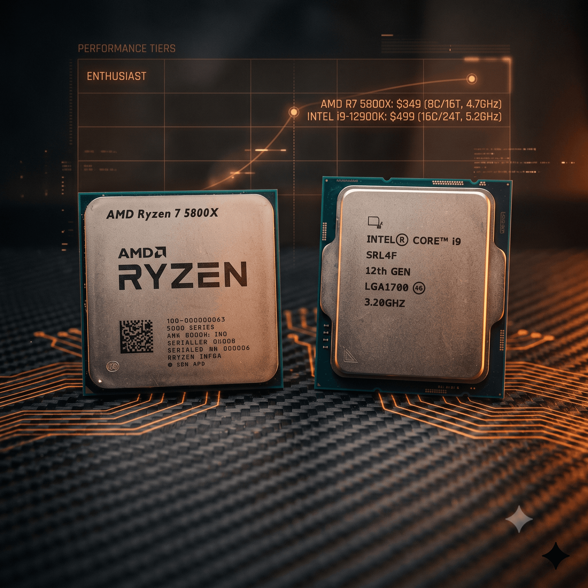 Comparison of Intel LGA1700 and AMD AM4 processor packages on a dark carbon surface with orange circuit lines