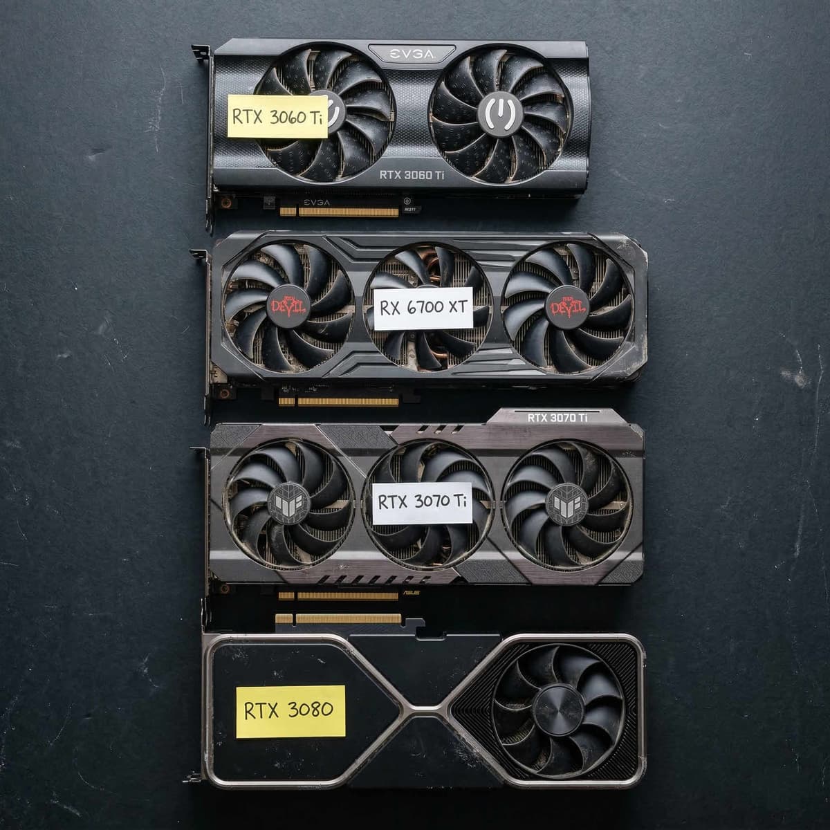 Ten used graphics cards arranged on a dark test bench with numbered orange position tags
