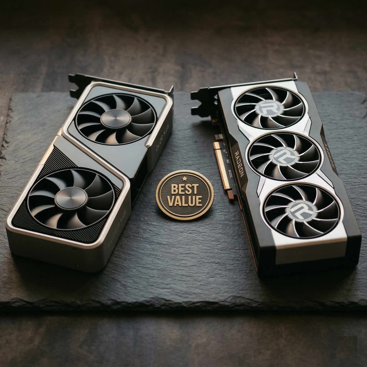 RTX 3060 Ti and RX 6700 XT side by side on a dark surface with orange accent lighting