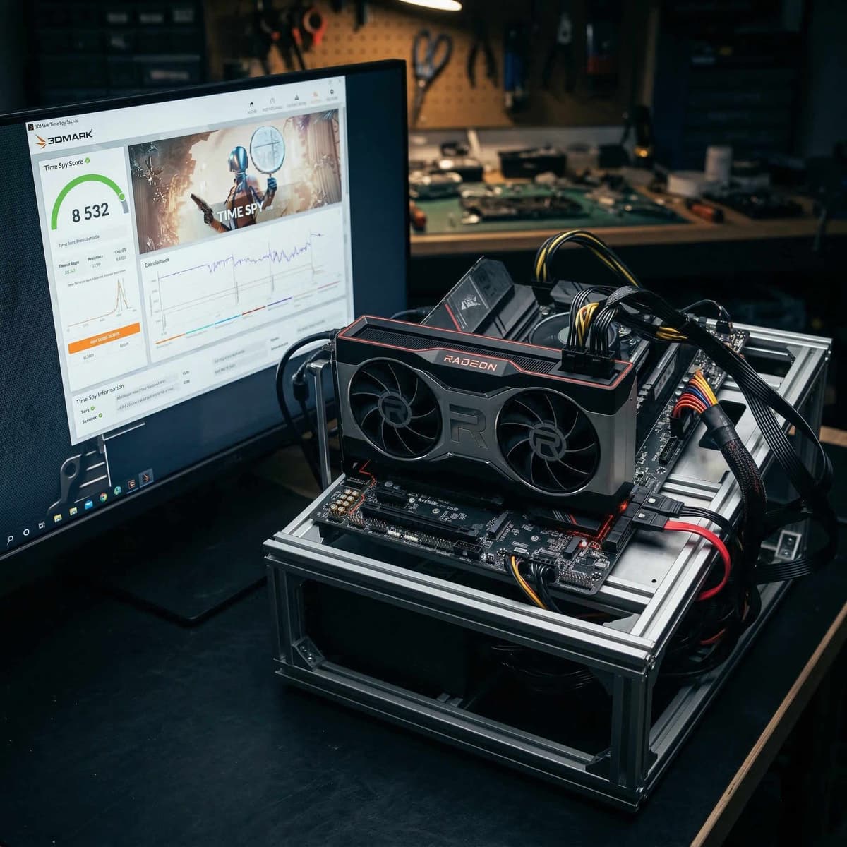 A used graphics card being stress-tested on an open test bench with monitoring software visible