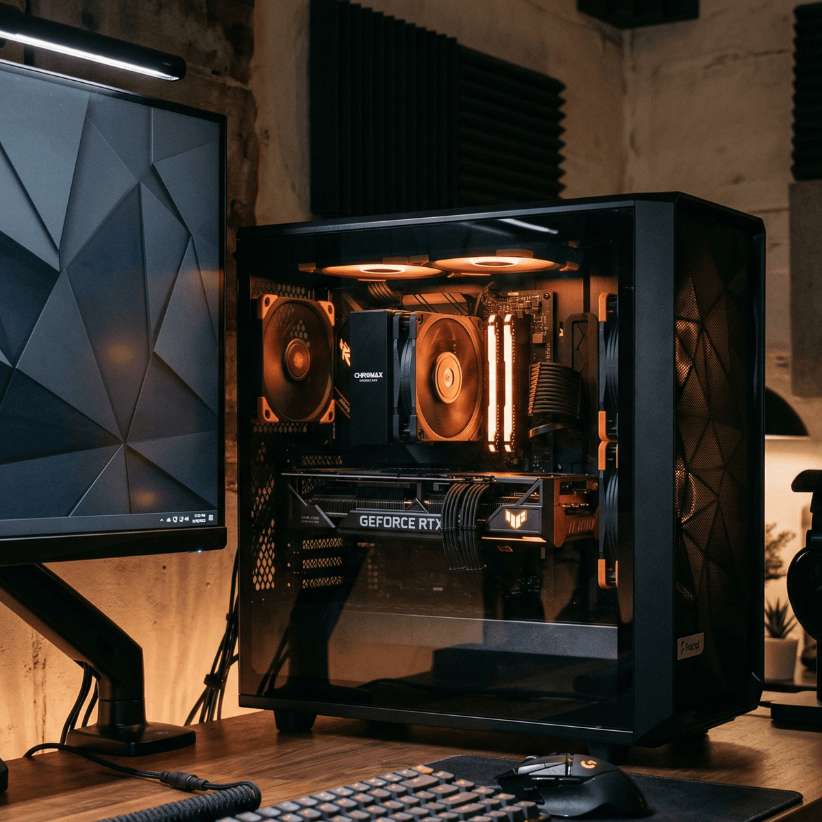 High-end used PC build in a dark Fractal-style case with RTX 3070 visible, all-black cabling, ambient orange glow, premium home desk setup