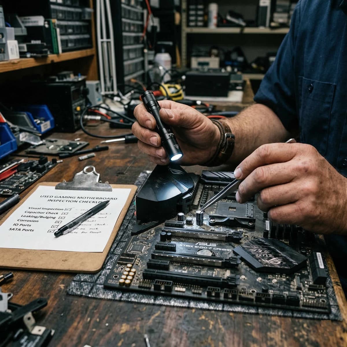 Open PC case with key components highlighted for inspection