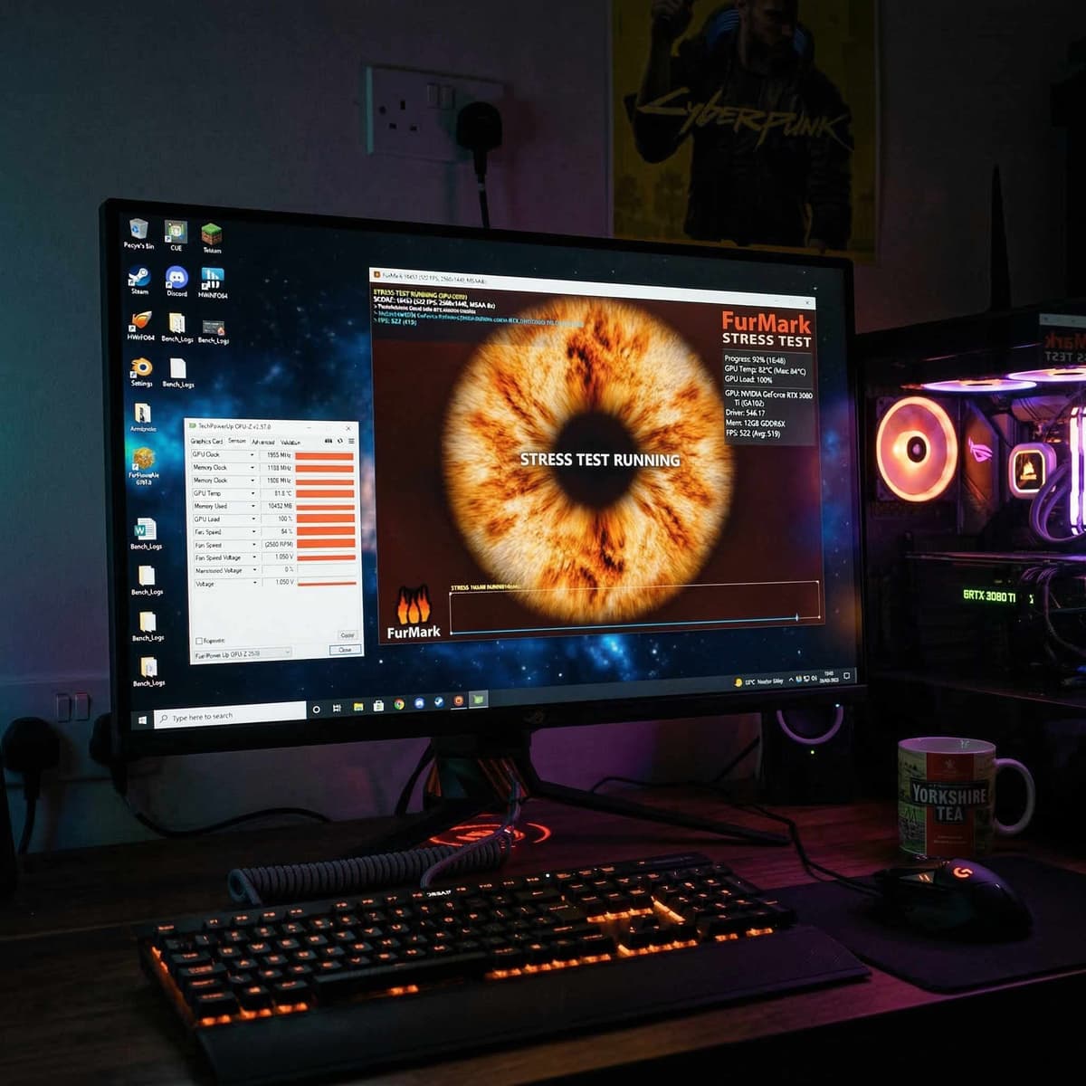 Stress test running on a used gaming PC with temperature monitoring visible