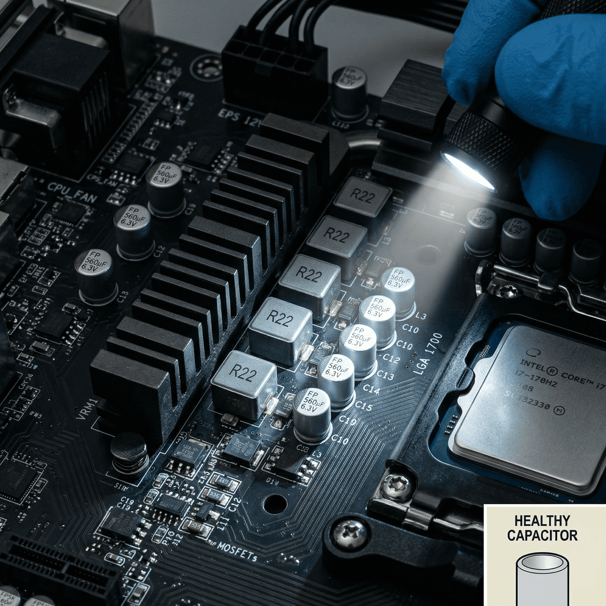 Motherboard VRM area close-up showing solid capacitors with a bulged capacitor diagram inset