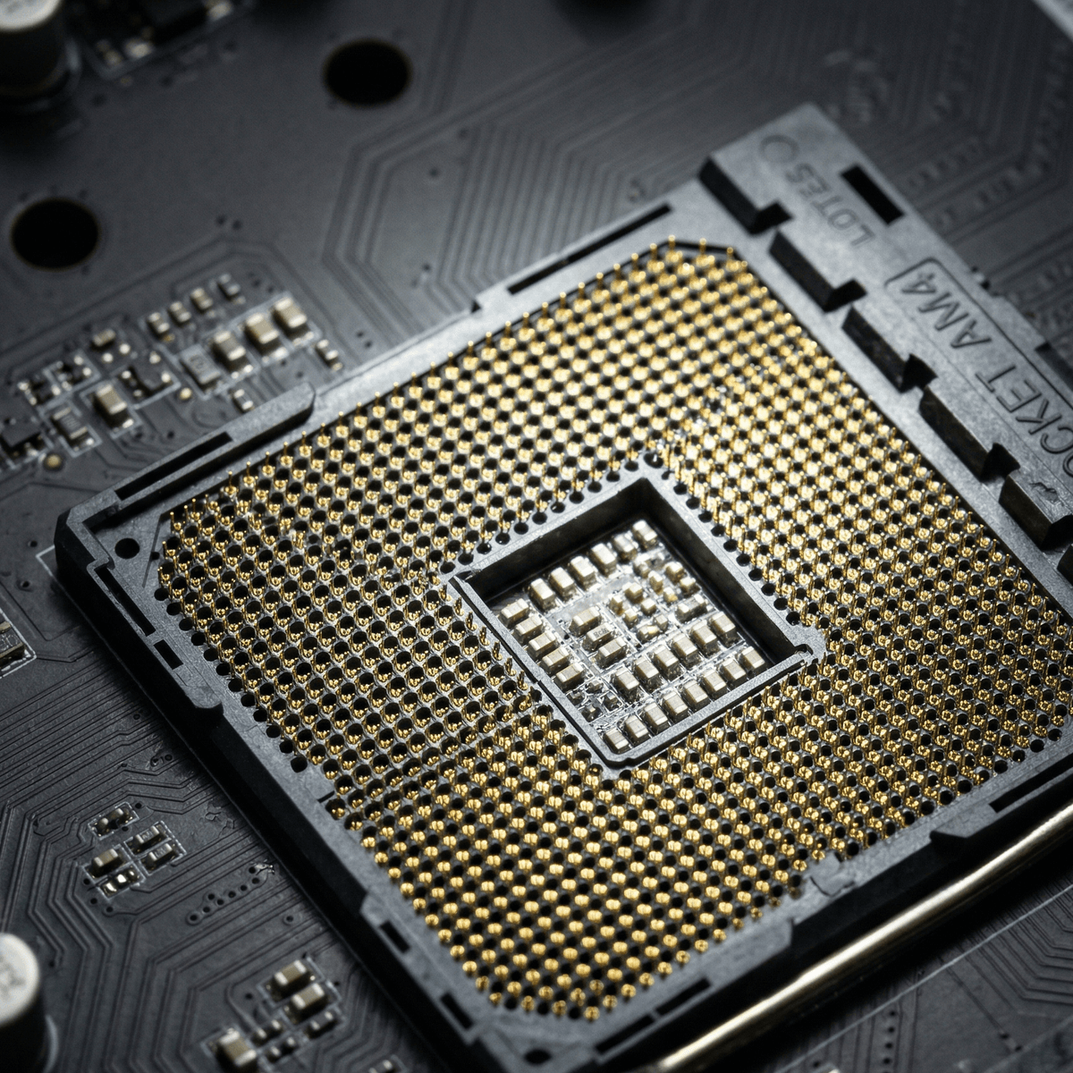 AM4 CPU socket close-up under torch light showing pin condition