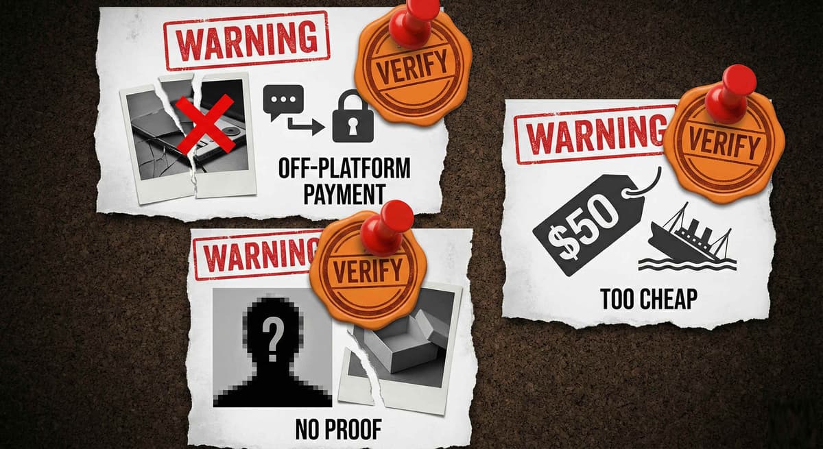 Red flags warning graphic for avoiding scams when buying used PC parts