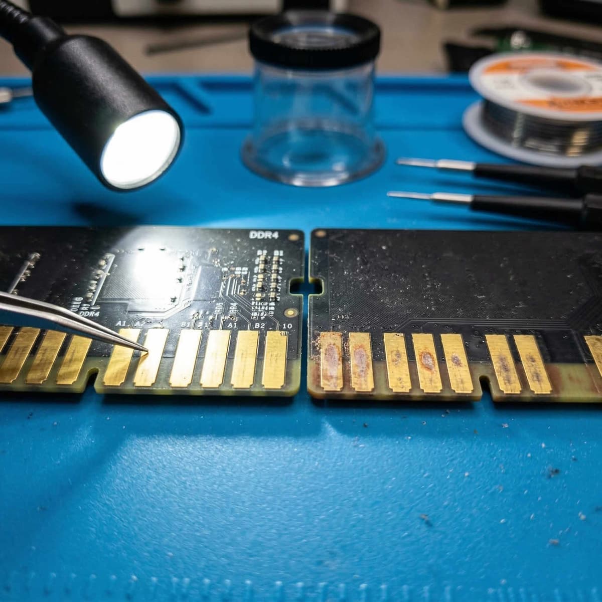 Close-up comparison of clean versus scratched RAM gold contacts
