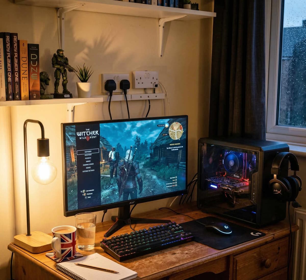 Budget gaming PC components arranged on a dark surface — motherboard, RAM, GPU, and SSD ready for assembly