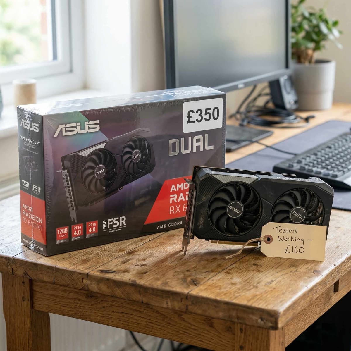 Side-by-side comparison of used CPU and RAM (reliable used buys) next to a new sealed PSU box (recommended new purchase)