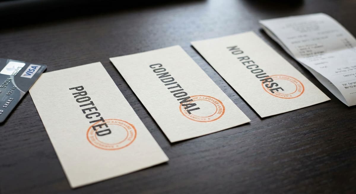 Payment choice tickets showing protected, conditional, and no recourse options