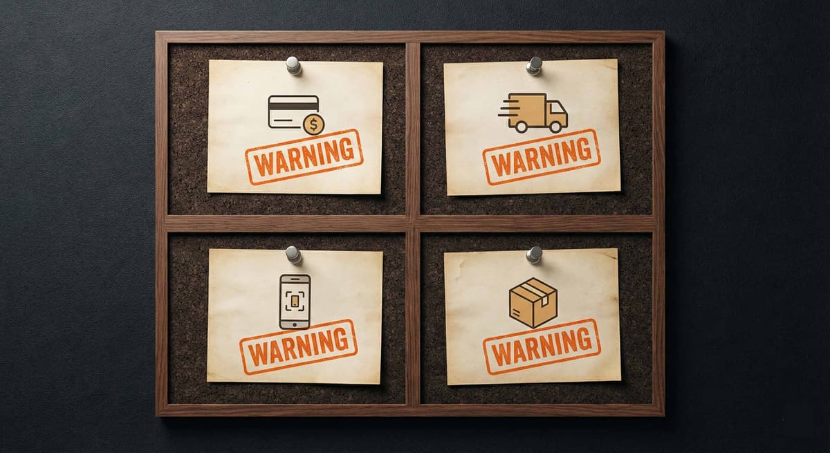 Scam patterns board showing common scam types and warnings