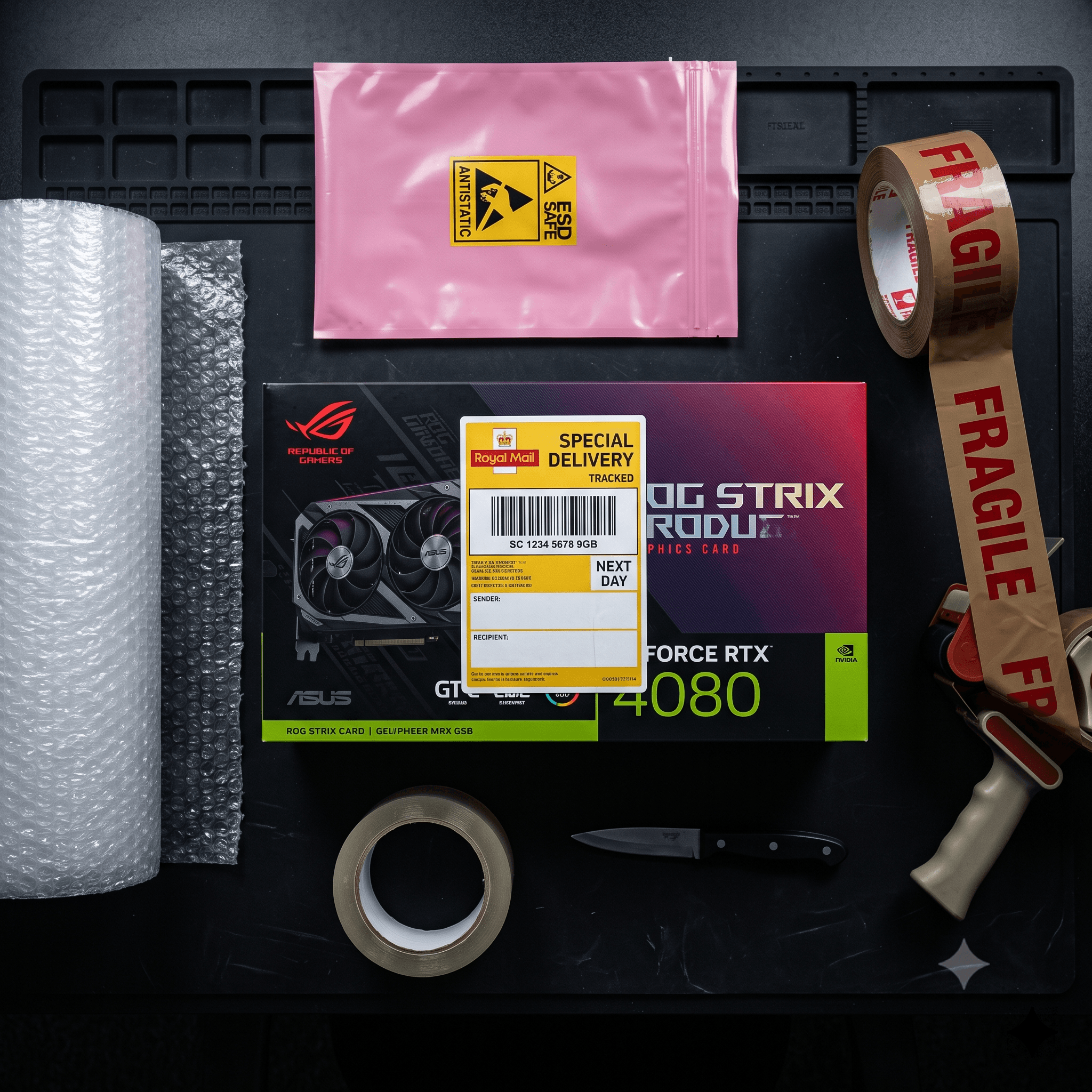 Professional packing materials including pink anti-static bag and Royal Mail Special Delivery box