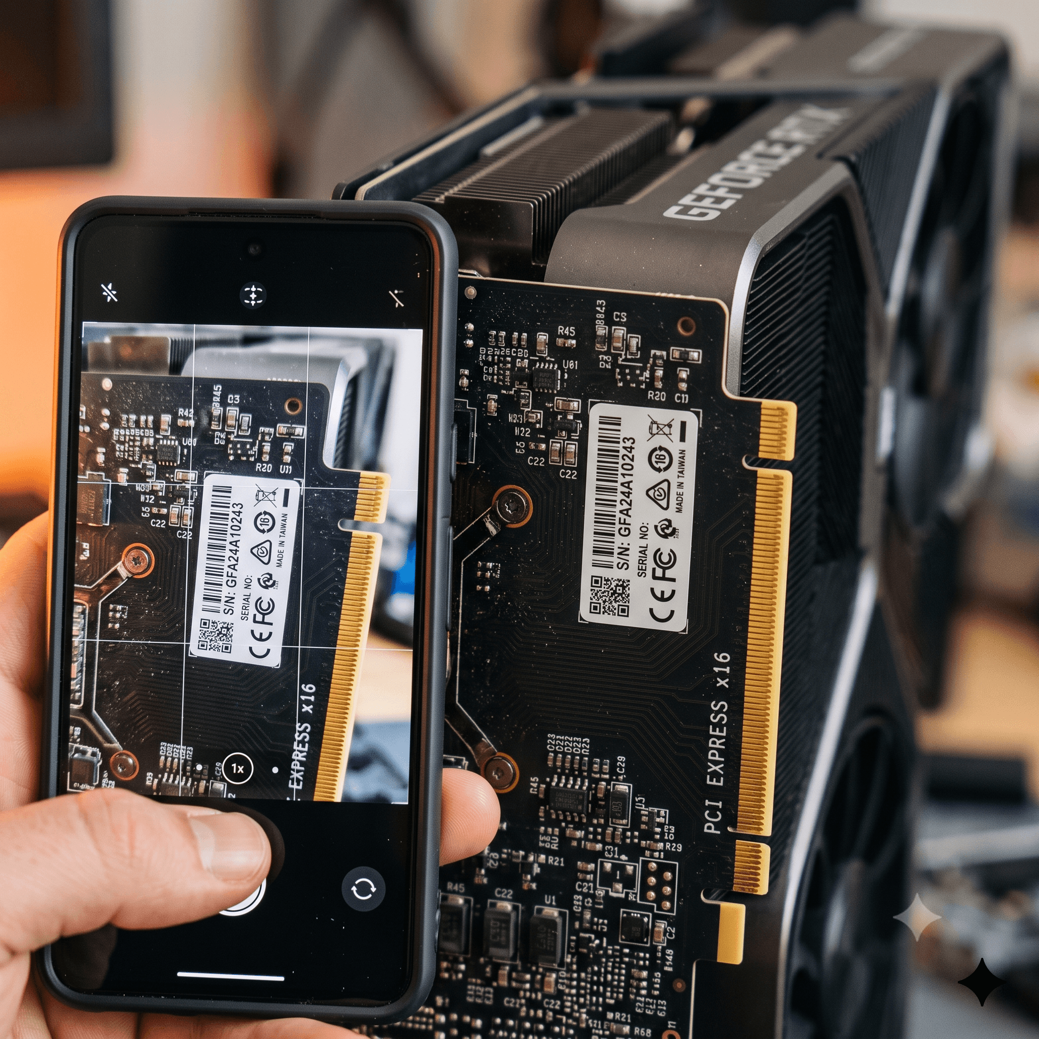 Macro close-up of a GPU serial number sticker and a phone scanning it