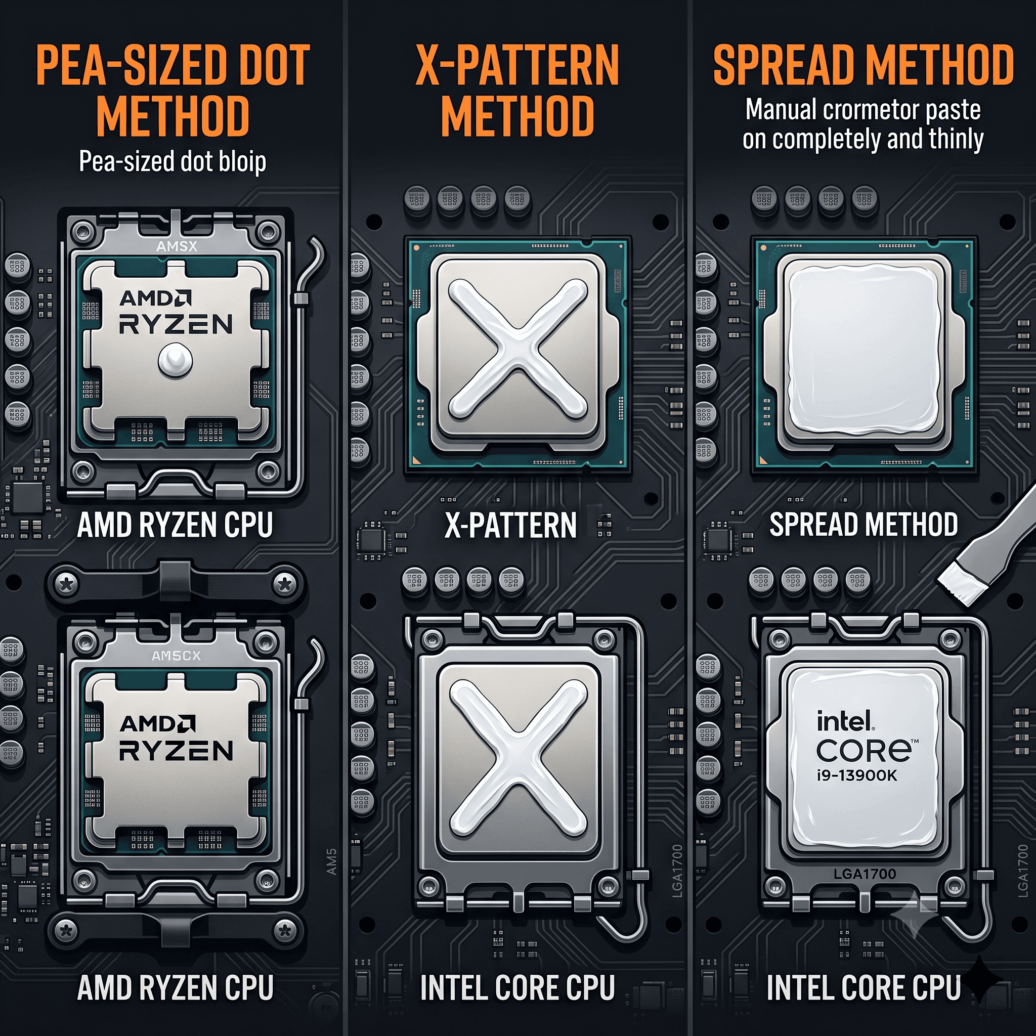 Diagram of thermal paste patterns on AMD and Intel processors