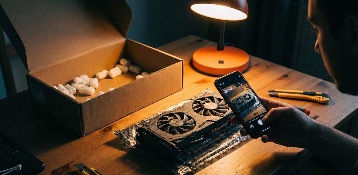 Unboxing documentation scene for a used GPU with phone camera and anti-static bag