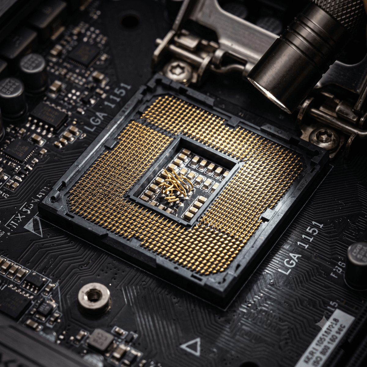 Close-up macro of motherboard LGA socket pins under angled inspection light