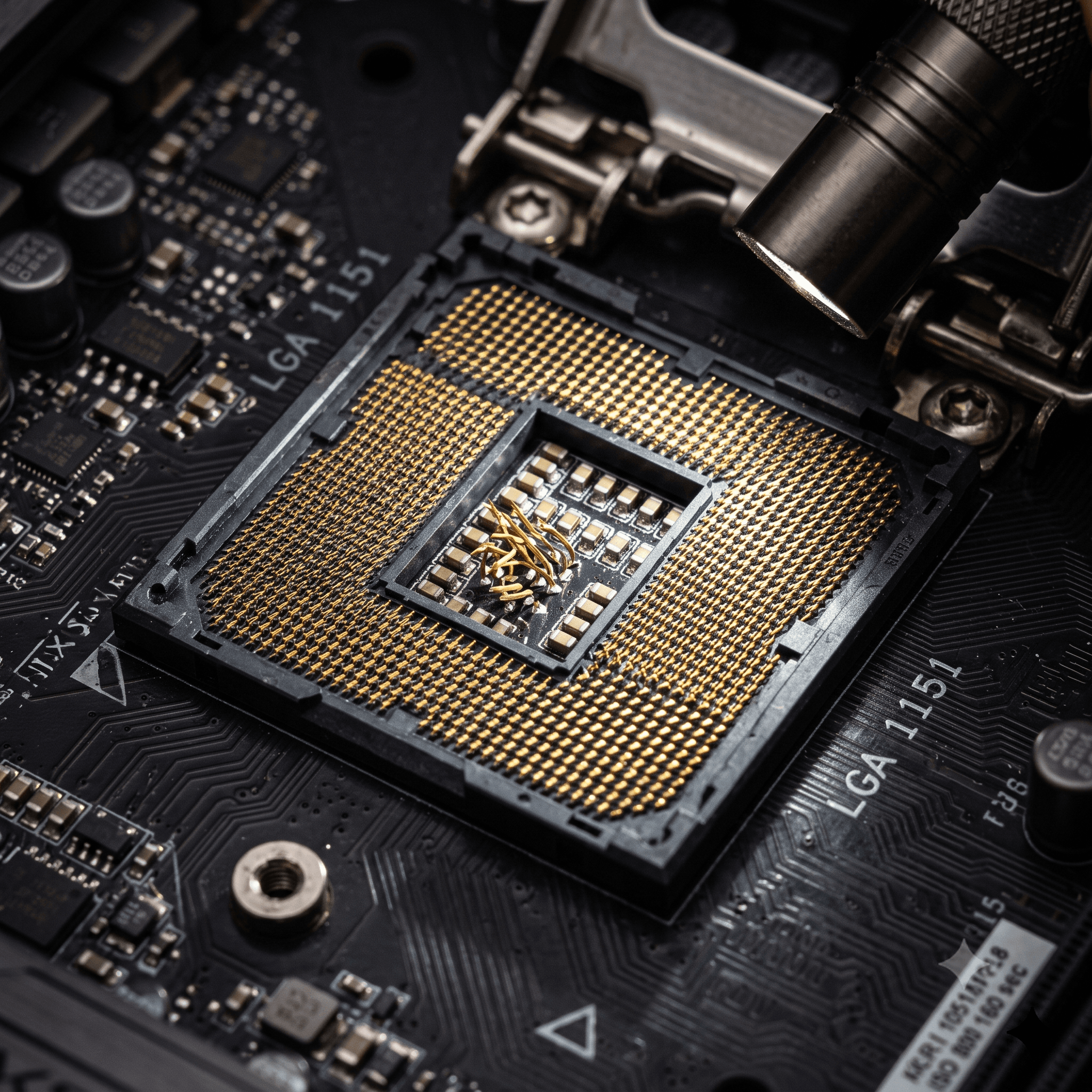 Close-up macro of motherboard LGA socket pins under angled inspection light