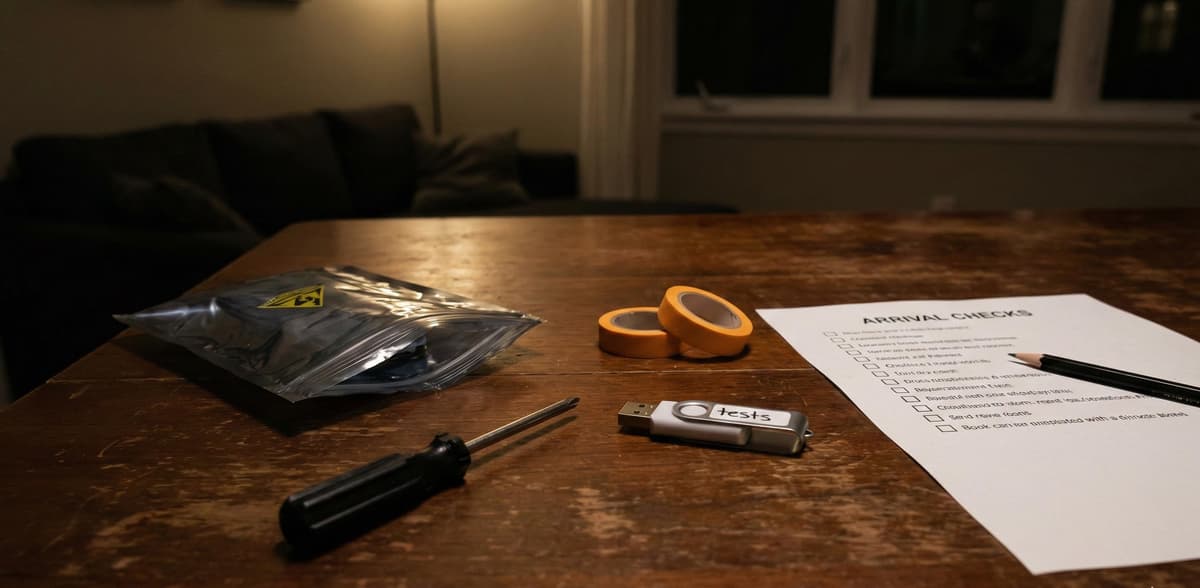 Arrival test kit layout with anti-static bag, USB test stick, and checklist
