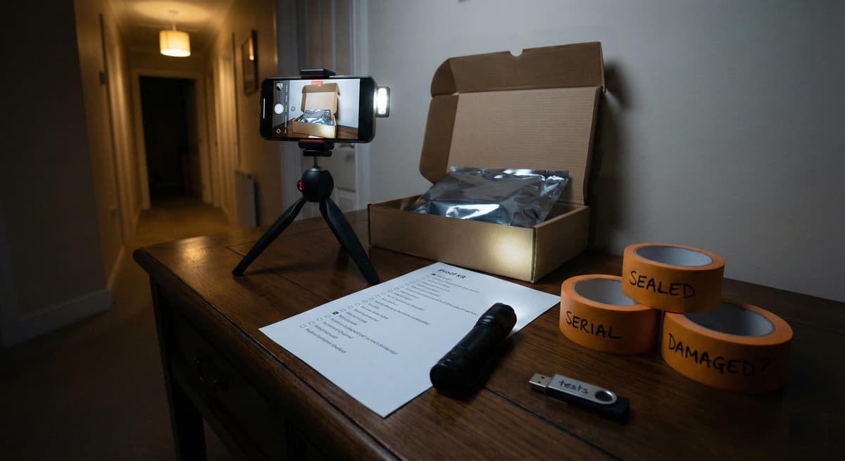 Proof kit layout for buying used PC parts: checklist, torch, anti-static bag, and USB tests
