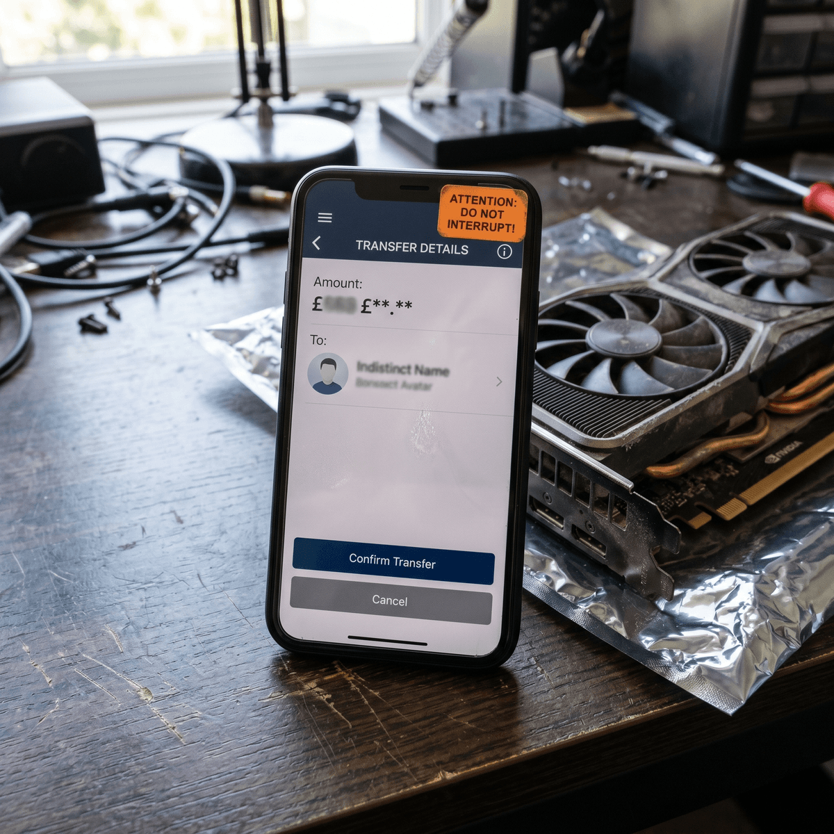 Smartphone showing a payment interface next to a used GPU, with a warning sticker overlay