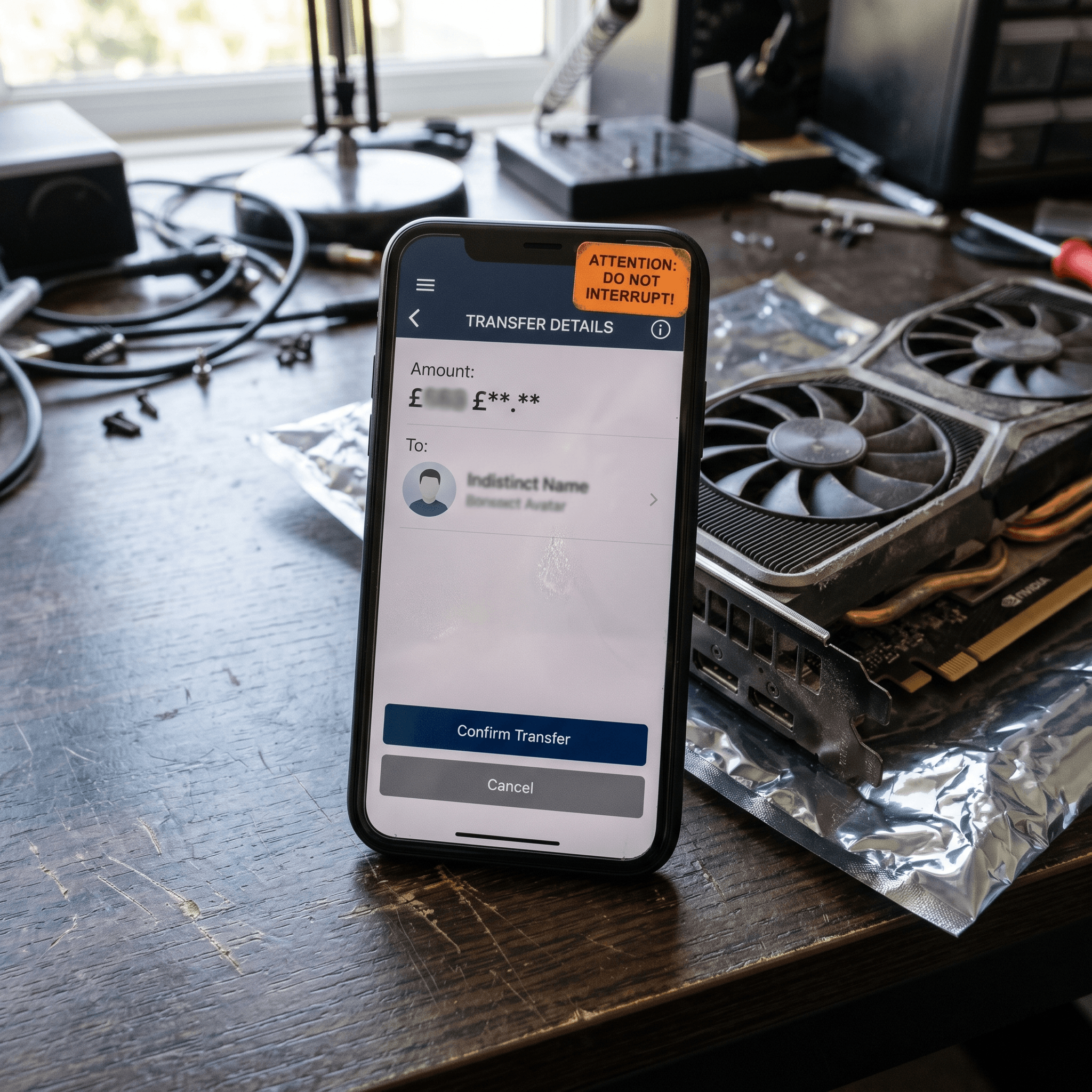 Smartphone showing a payment interface next to a used GPU, with a warning sticker overlay