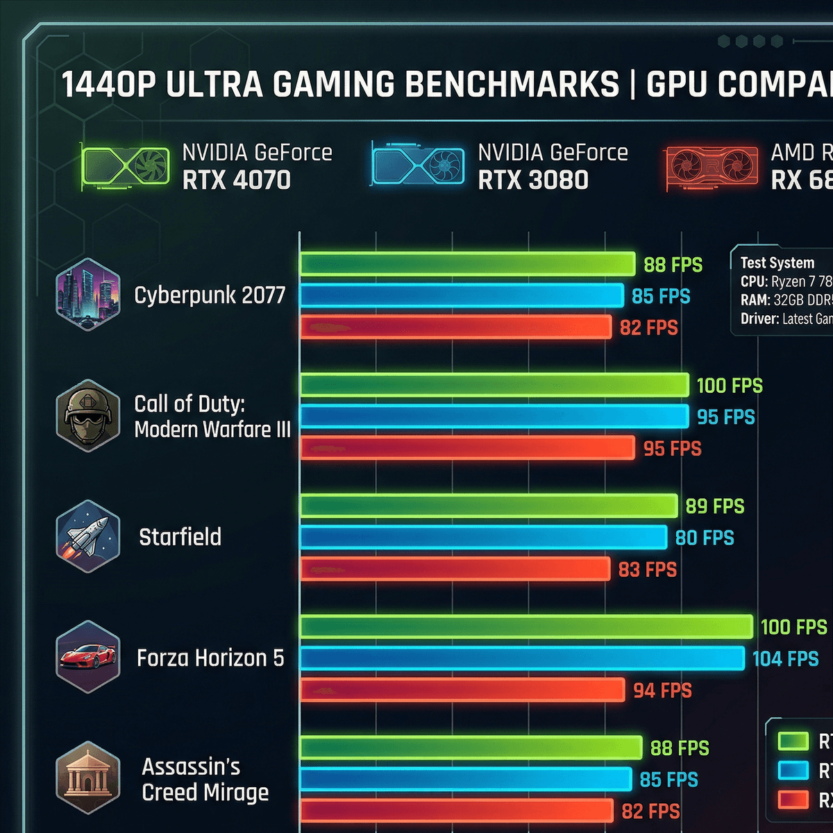Bar chart comparing RTX 4070 vs RTX 3080 vs RX 6800 XT at 1440p ultra settings across five 2025-2026 titles