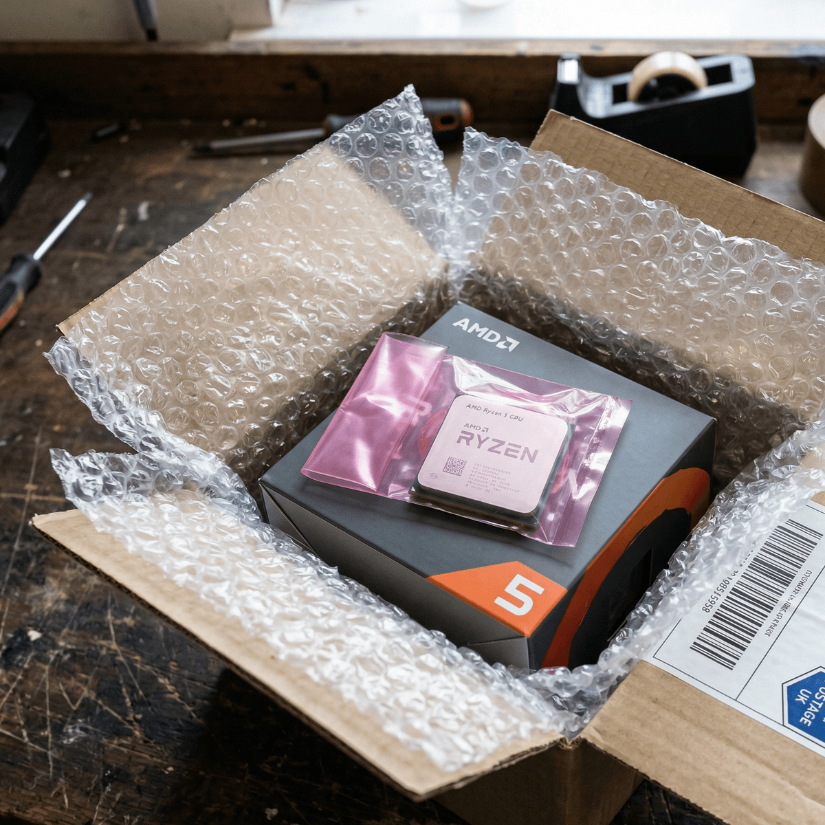 AMD CPU in anti-static bag packaged in original box with bubble wrap and shipping label