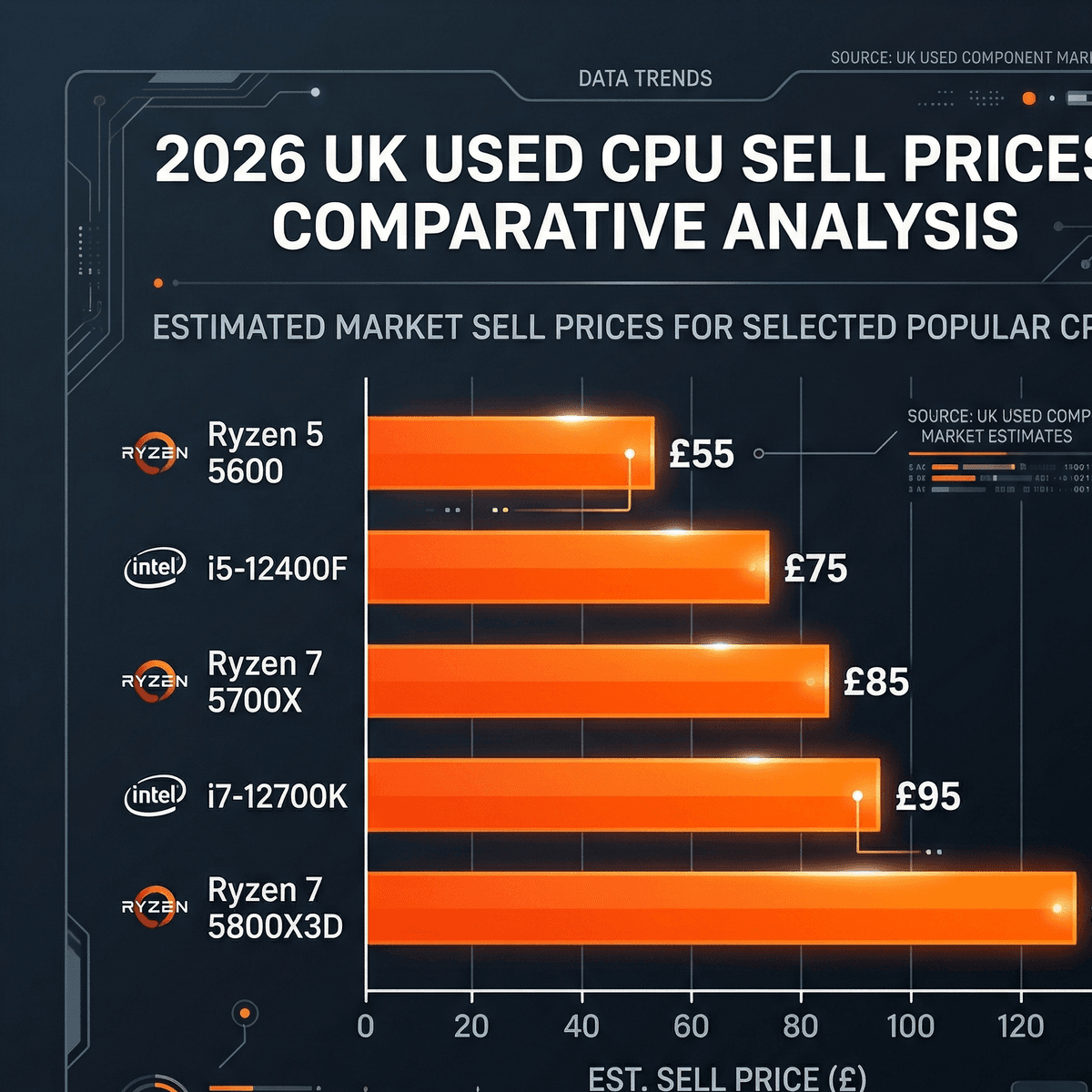 Bar chart comparing 2026 UK used CPU prices: Ryzen 5 5600 to i7-12700K