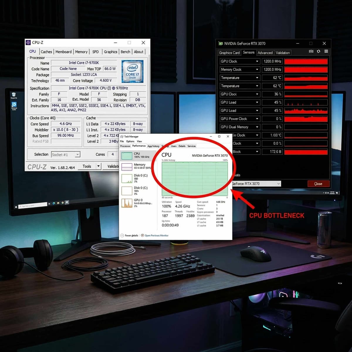 Monitoring overlay showing GPU and CPU usage during a gaming session to diagnose bottlenecks
