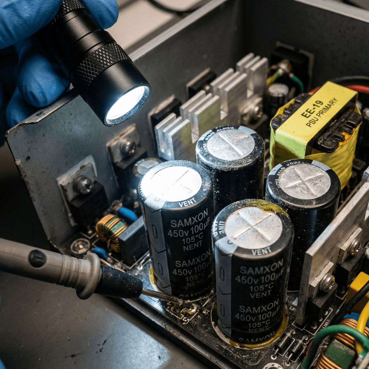 Inside view of a PSU showing primary-side capacitors under torch-light inspection