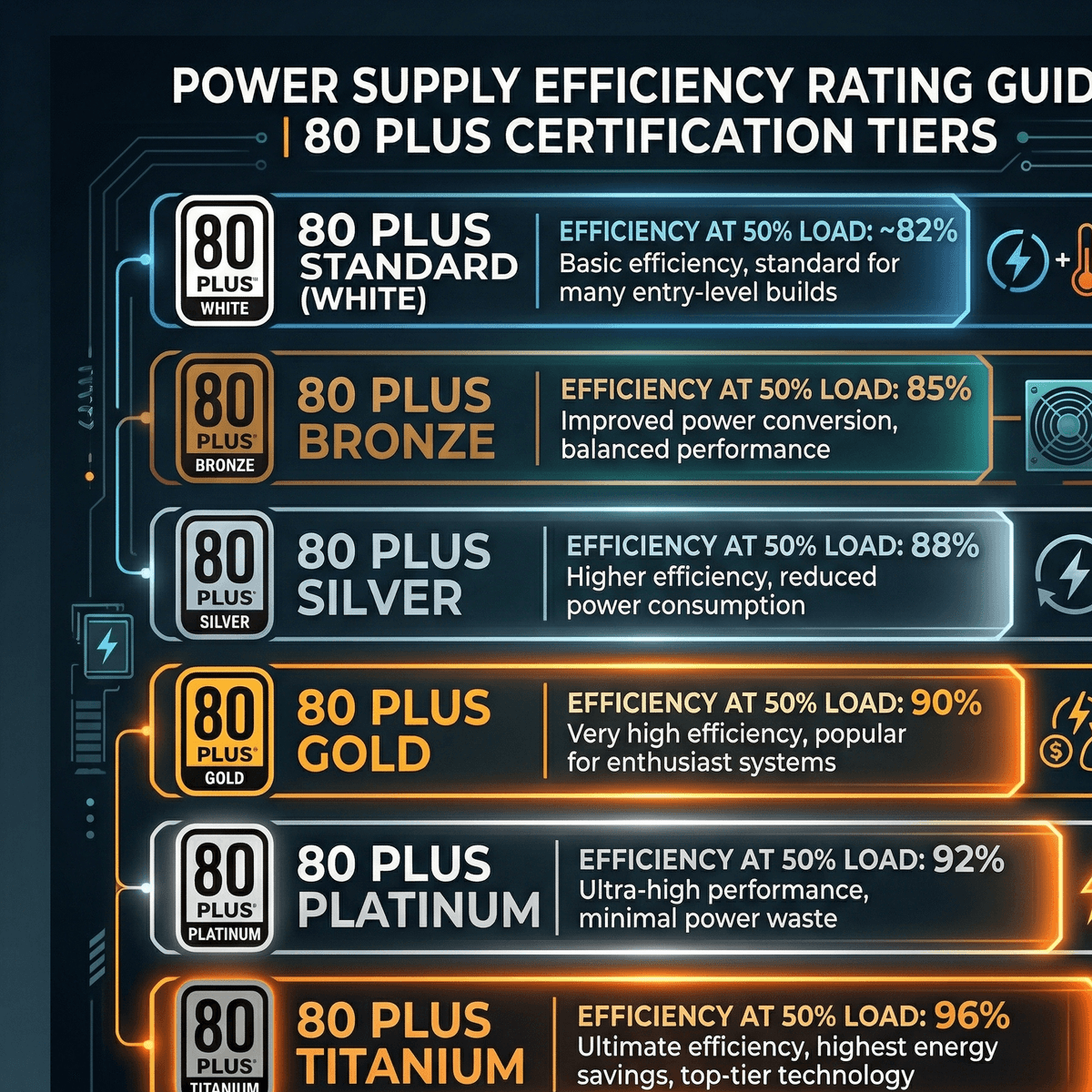 80 Plus rating tiers infographic showing efficiency percentages for White, Bronze, Silver, Gold, Platinum and Titanium