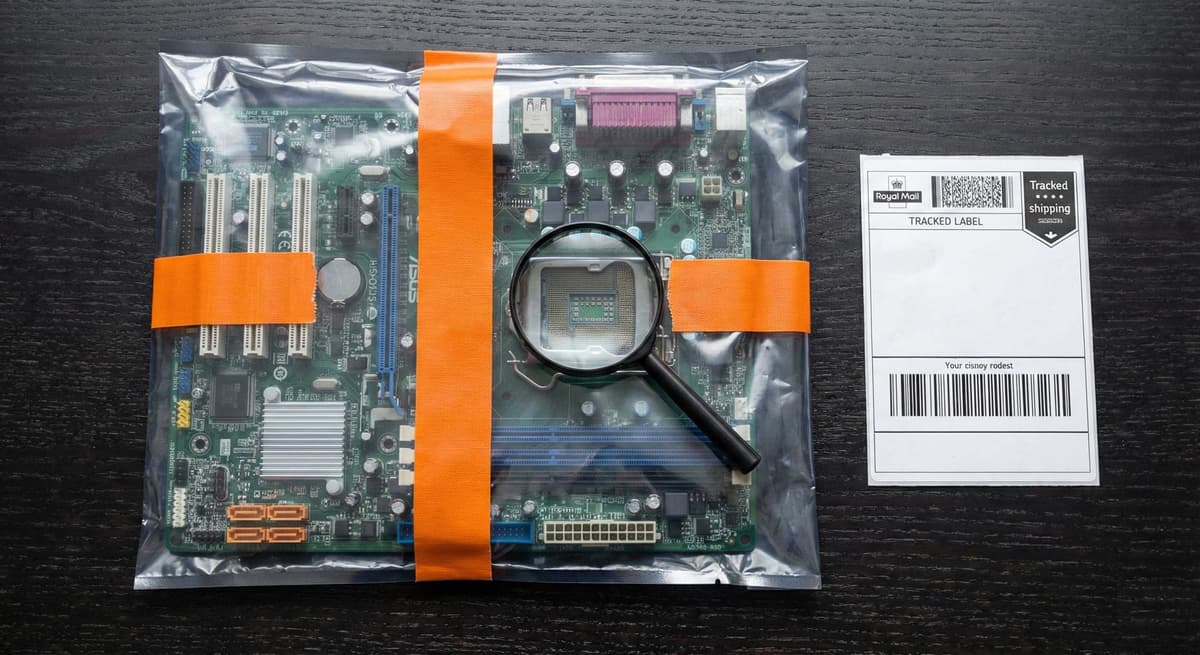 Motherboard in an anti-static bag being inspected with a magnifying glass, an orange inspection tape across the bag