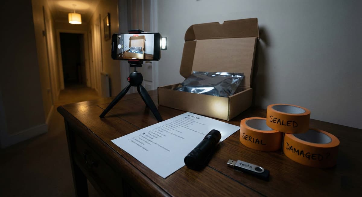 UK parcel packing scene: anti-static bag and foam padding on a dark table with a checklist card