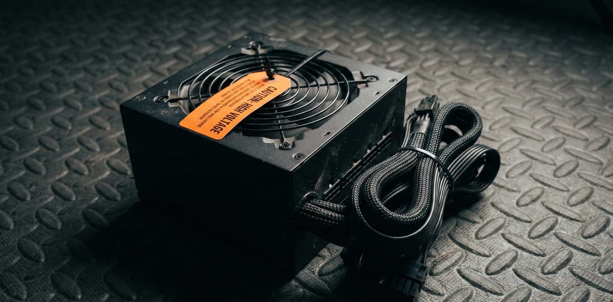 Used PSU with modular cables and an orange caution tag on the grille, shot on a dark surface