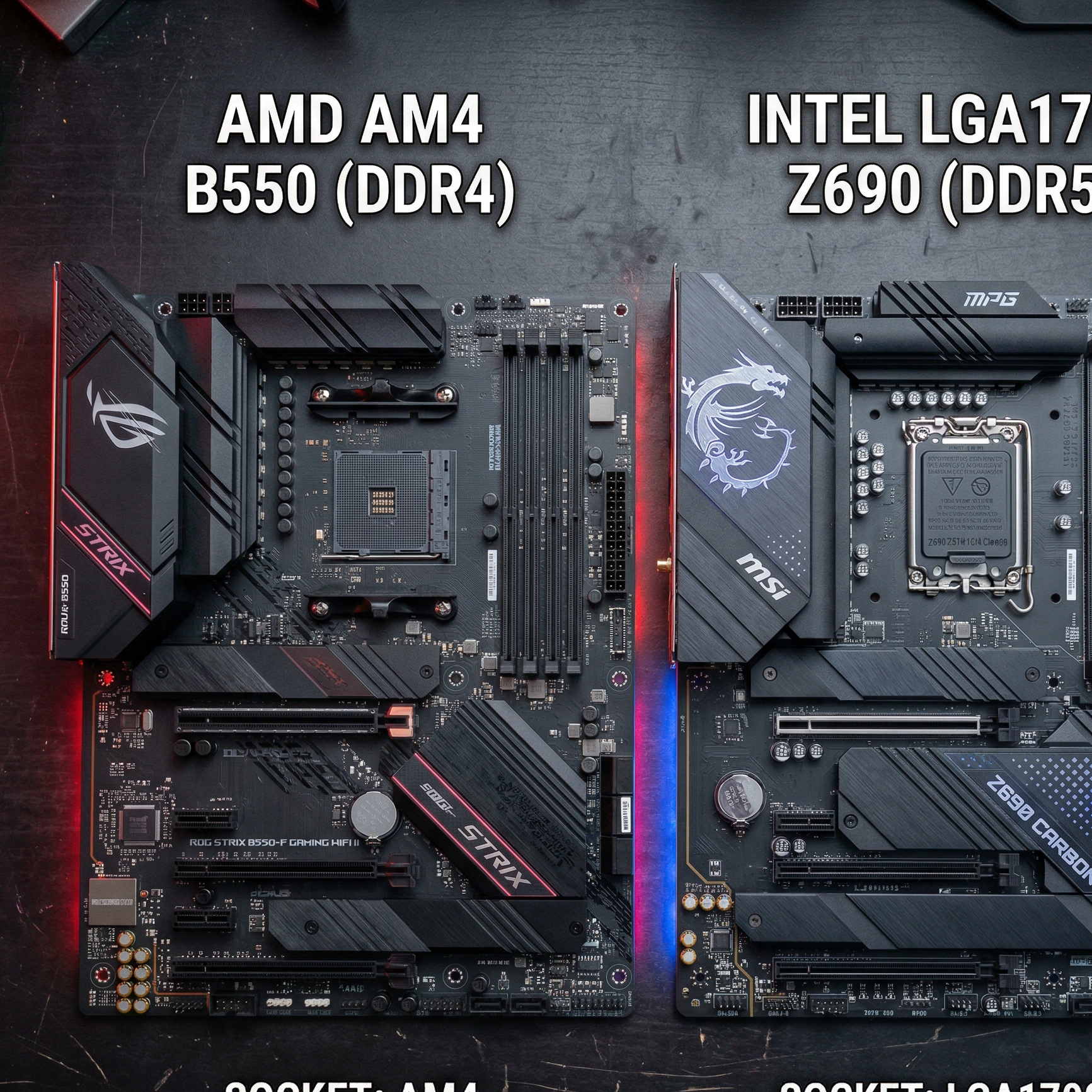 AMD Ryzen AM4 B550 motherboard on dark surface with red accent lighting