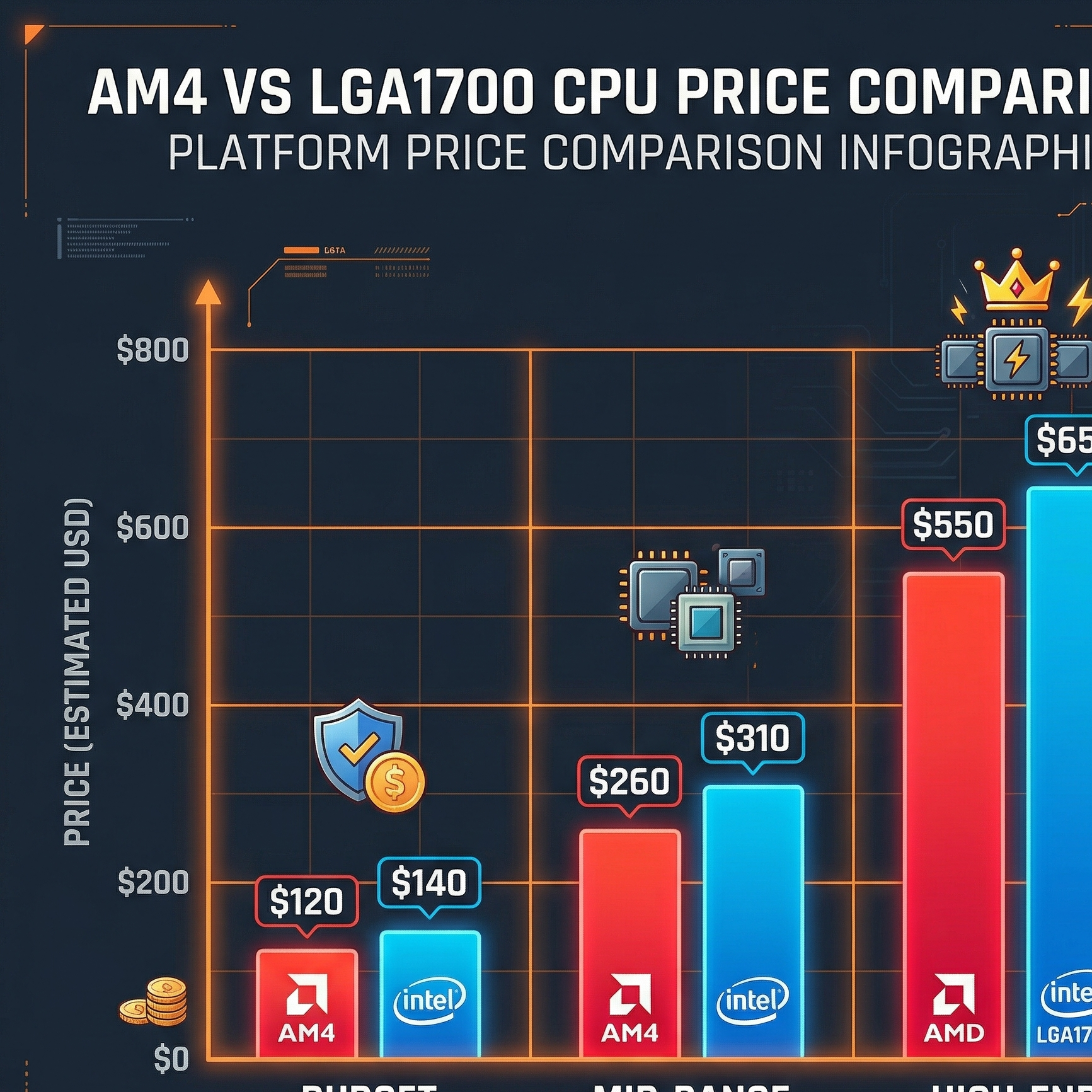 Grouped bar chart comparing AM4 vs LGA1700 CPU used prices by tier — budget, mid, high — dark background with red and blue bars